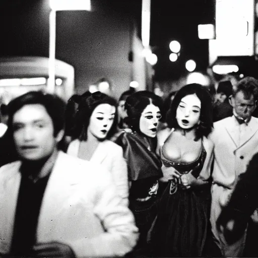 Image similar to Street photography, a close up of several people leaving a seedy nightclub at 5am, they are smoking, someone is screaming, Kabuki makeup, Kodachrome