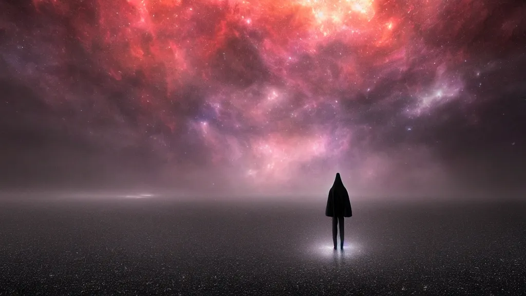 Prompt: a cloaked figure standing at the edge of existence, melancholic cinematic lighting, nebulae, galaxies, cold metallic floor, photorealistic, hyperdetailed 3D matte painting, hyperrealism, hyperrealistic, 8k ultraHD octane render