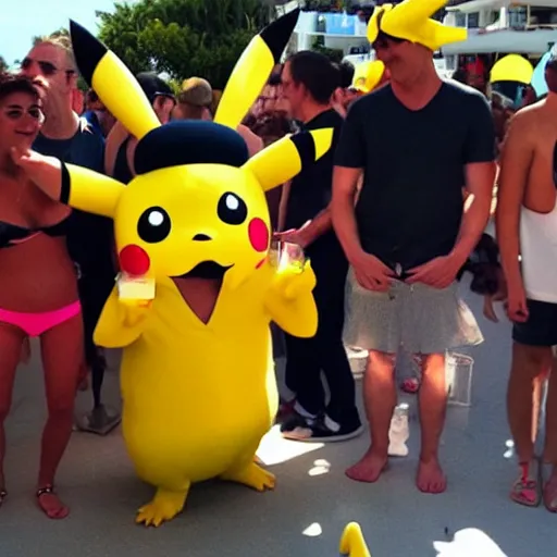 Prompt: a drunk pikachu partying in ibiza