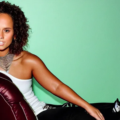 Prompt: alicia keys sitting on her couch watching tv