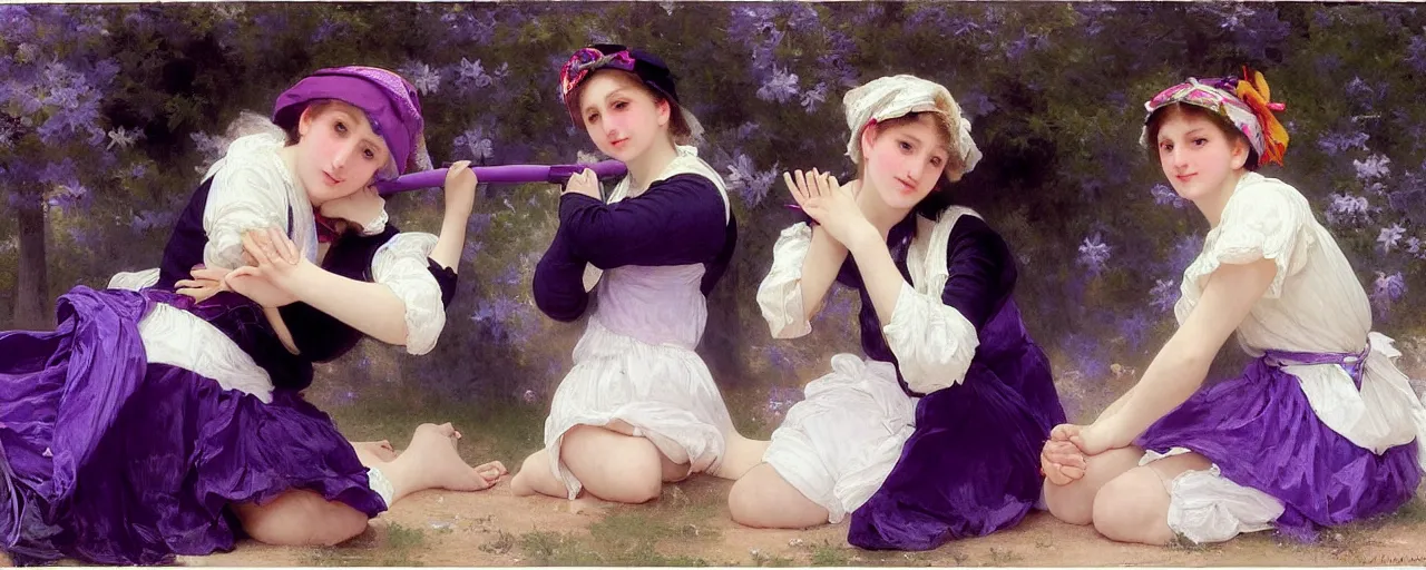 Prompt: A character sheet of a very cute magical girl with short blond hair wearing an oversized purple Beret, Purple overall shorts, Short Puffy pants made of silk, pointy jester shoes, a big billowy scarf, and white leggings. Rainbow accessories all over. Flowing fabric. Covered in stars. Short Hair. Art by william-adolphe bouguereau and Paul Delaroche and Alexandre Cabanel and Lawrence Alma-Tadema and WLOP and Artgerm. Fashion Photography. Decora Fashion. harajuku street fashion. Kawaii Design. Intricate, elegant, Highly Detailed. Smooth, Sharp Focus, Illustration Photo real. realistic. Hyper Realistic. Sunlit. Moonlight. 4K. UHD. Denoise.