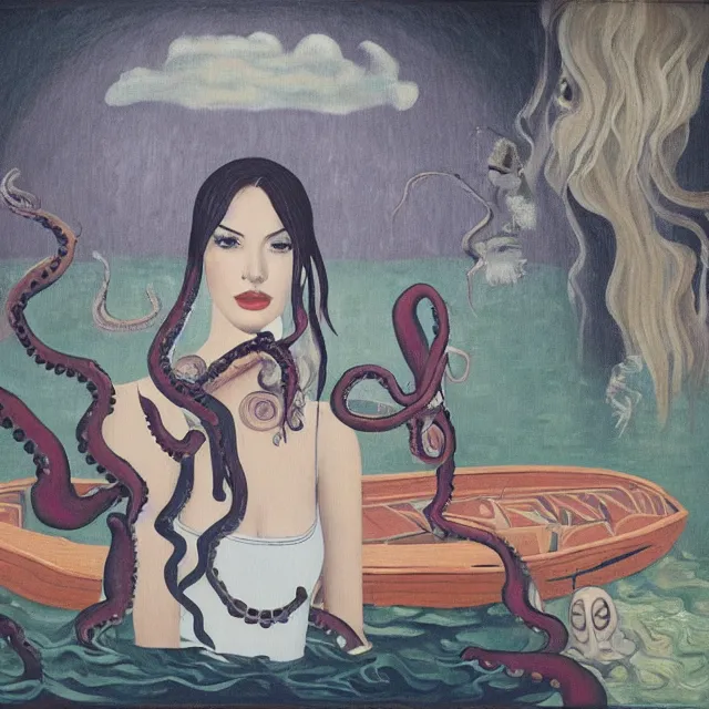 Image similar to tall female emo artist holding an octopus in a flooded cafe, octopus, water gushing from ceiling, painting of flood waters inside a cafe, a river flooding indoors, pomegranates, pigs, ikebana, water, octopus, river, rapids, waterfall, black swans, canoe, berries, acrylic on canvas, surrealist, by magritte and monet