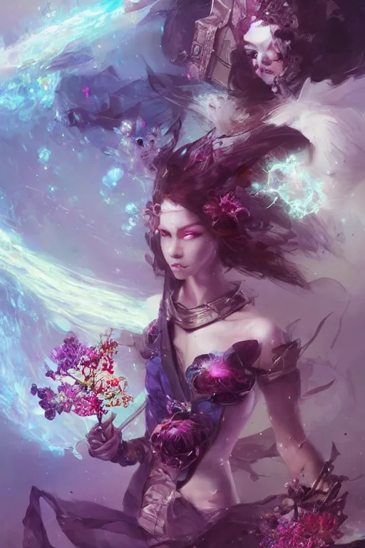 Image similar to beautiful girl necromancer covered with crystals exploding space, 3 d render, hyper realistic detailed portrait, holding magic flowers, ruan jia, wlop. scifi, fantasy, hyper detailed, octane render, concept art, peter mohrbacher