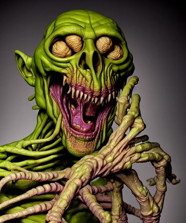 Image similar to hyperrealistic rendering, cronenberg flesh monster skeletor by art of skinner and richard corben and jeff easley, product photography, action figure, sofubi, studio lighting, colored gels