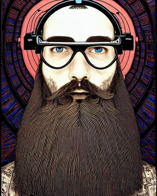 Prompt: detailed hipster skinny man wearing big vr headset, long vibrant beard, dmt, by james gurney + intricate and vibrant work + portrait + trending on artstation + incredible gothic illustration + exquisite detail