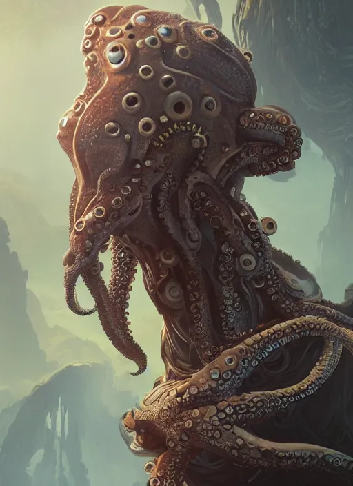 Image similar to symmetry!! portrait of octopus alien in the style of horizon zero dawn, machine face, intricate, elegant, highly detailed, digital painting, artstation, concept art, smooth, sharp focus, illustration, art by artgerm and greg rutkowski and alphonse mucha, 8 k