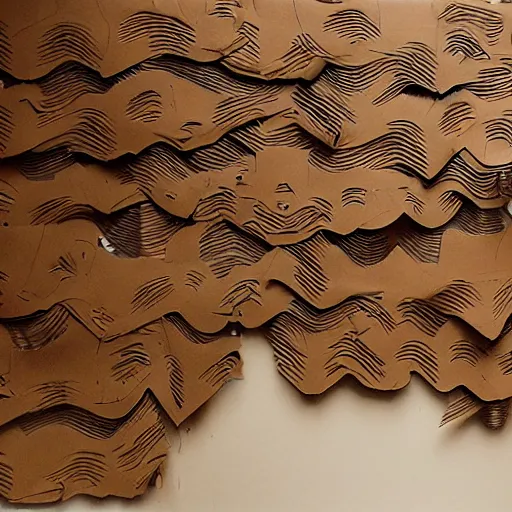 Image similar to tentacles made of brown corrugated cardboard, cut out of cardboard, realistic photography, fantasy