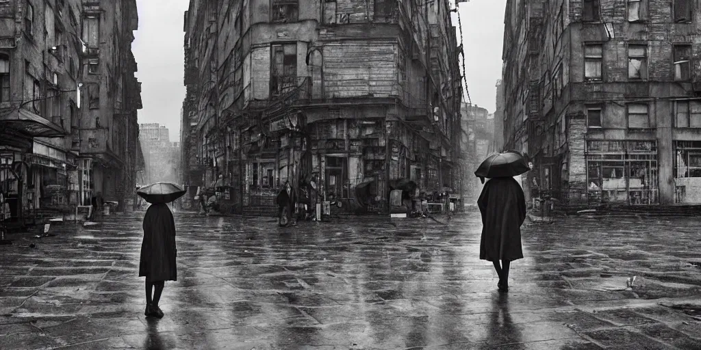 Image similar to medium shot | sadie sink in hoodie | lonely market stall selling umbrellas | in ruined square, pedestrians on both sides | steampunk tenement windows in background : 3 5 mm film, anamorphic, from schindler's list by steven spielberg. cyberpunk, cinematic atmosphere, detailed and intricate, perfect anatomy