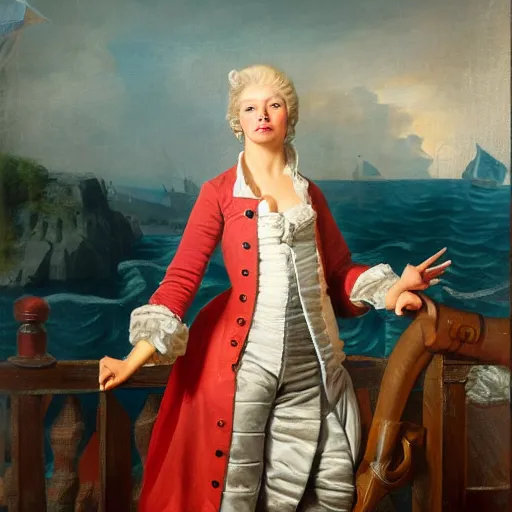 Prompt: a beautiful, fierce, blonde, well - dressed, armed, pirate woman, standing on the deck of her ship, realistic, hyperdetailed, 8 k, 1 7 3 0 s oilpainting
