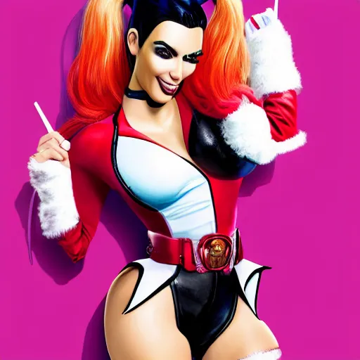 Image similar to Kim Kardashian as harley quinn, 8k, high definition, highly detailed