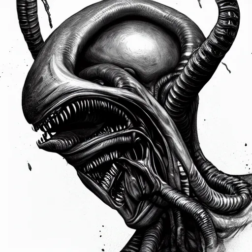 Image similar to Chestburster from Alien with Elon Musk's face, horror, dark, monochrome, style of HR Geiger, highly detailed, digital painting, artstation, concept art, matte, sharp focus, illustration