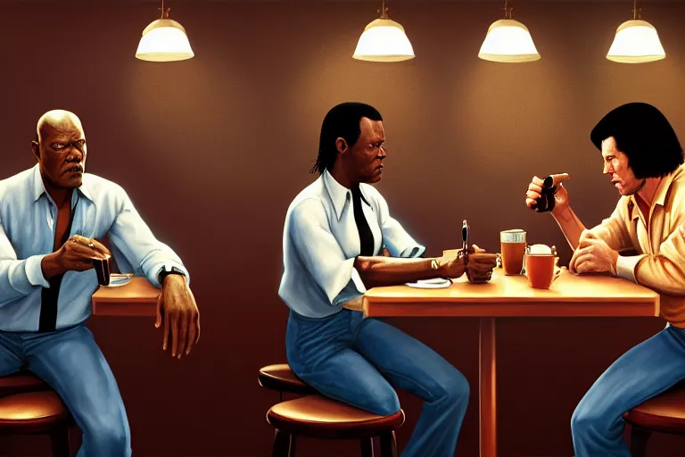 Image similar to painting pulp fiction movie highly detailed full - body samuel l jackson and john travolta posing in cafe, perfect symmetrical eyes, by eddie mendoza and tyler edlin, 8 k resolution, digital art, hyper realistic