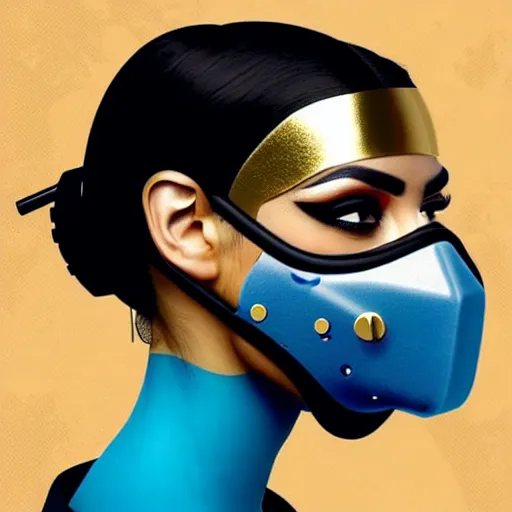 Prompt: a profile photo of egyptian woman with a diving mask with clockwork details :: side profile :: in ocean :: guns and bullets :: gold and petals pattern :: blood and horror :: by marvel and Sandra Chevrier