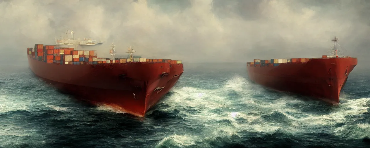 Image similar to paintifng of seasoned rusty container ship containership near misty black cliffs over steamy water by repin, matte painting, detailed, amazing, 4k resolution