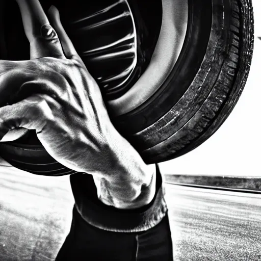 Image similar to car, bodybuilder, woman, holding, road, photo, digital art, hands, underbody, tire