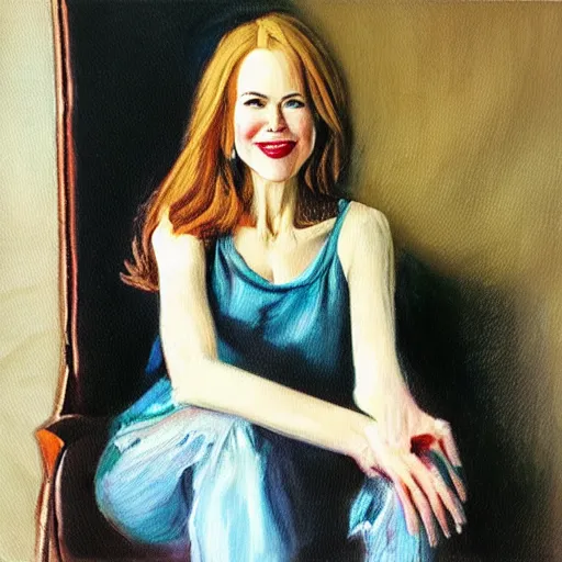 Prompt: “an oil painting portrait of a young Nicole Kidman sitting on a couch, joyful”