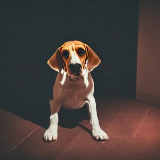 Prompt: depressed beagle in a dark room, movie still, photography, DSLR 35mm, low light photography, sadness