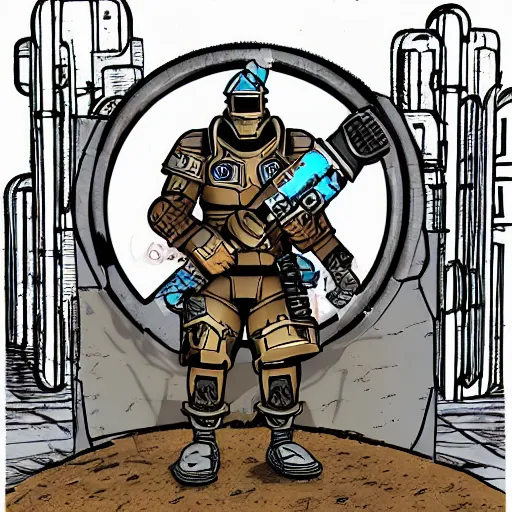 Image similar to fallout enclave fighter in power armor with a minigun in his hands stands next to the entrance to the shelter from fallout, fallout 2 stylization, isometric, post - apocalyptic,