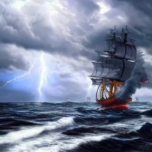 Image similar to pirate ship from one piece sailing, dynamic sky, storm sky, with light piercing through stormy clouds, birds near the ship, rough sea, crepuscular rays, volumetric lighting, pixiv art, cgsociety, highly detailed