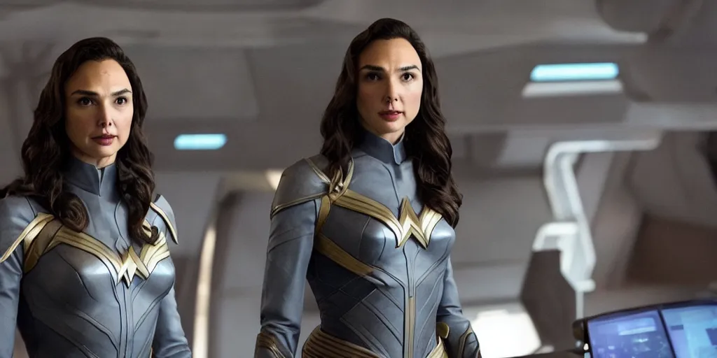 Image similar to gal gadot, in full starfleet uniform, is the captain of the starship enterprise in the new star trek movie