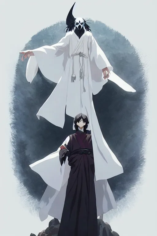 Image similar to raven headed warlock doing magic spells wind, white robes, finely detailed perfect anime face, exquisite details, mid view, design on a white background, by studio muti, greg rutkowski makoto shinkai takashi takeuchi studio ghibli