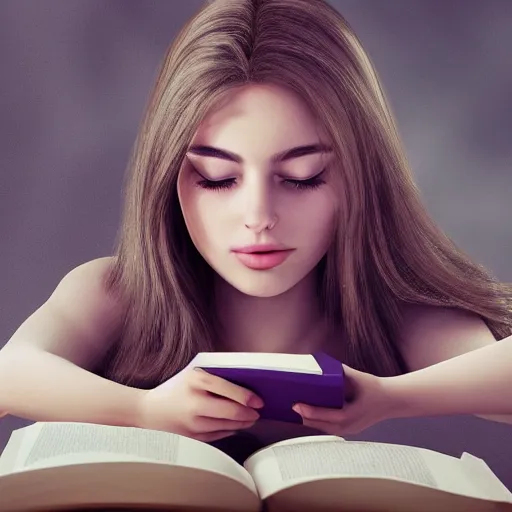 Prompt: ! dream a girl reading a book, her hair flowing down, hyper - realistic, very detailed, intricate, slight smile expression, photo realistic, dramatic cinematic lighting, octane render, 4 k, ultra detailed