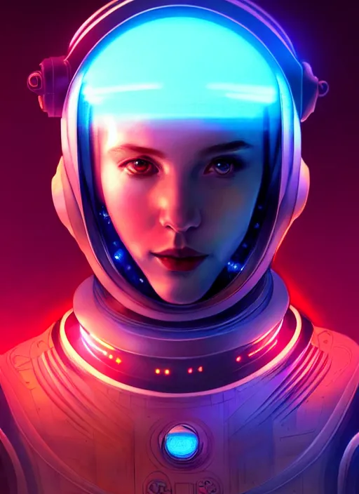 Image similar to full perspective of a futuristic cyber astronaut, sci fi, glowing aura, volumetric lights, red and cyan theme, art nouveau alien botanicals, intricate, highly detailed, digital painting, artstation, concept art, smooth, sharp focus, cinematic, illustration, beautiful face, art by artgerm and greg rutkowski and alphonse mucha