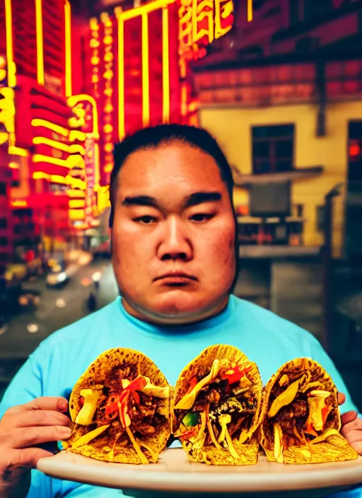 Image similar to sumo wrestler eating crispy tacos, holding hot sauce, portrait, photo realism, bokeh background, neon lights, city background, high definition, slr