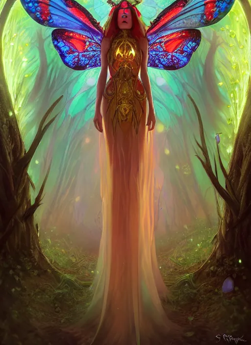 Image similar to stunningly beautiful female faerie priestess in amanita muscaria forest landscape, symmetrical wings on back, neon hair, fantasy art, wearing a dress of gossamer gold, inner glow, dark light night, face by otto schmidt, sharp focus, digital painting, 4 k, concept art, art by greg rutkowski and alphonse mucha, brom,