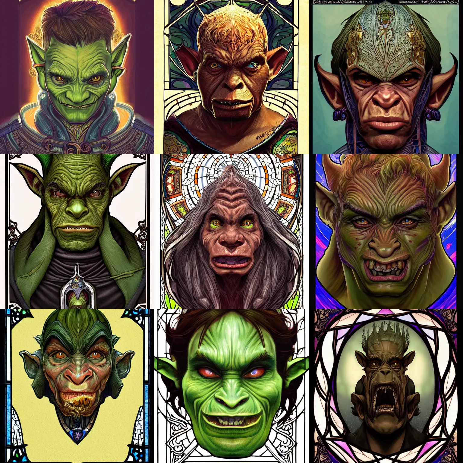 Prompt: head-on symmetrical centered painted portrait, male goblin orc rogue rogue, art nouveau, tarot card style, stained glass, fantasy, intricate, elegant, highly detailed, smooth, sharp focus, illustration, artstation, in the style of Artgerm and Anna Podedworna and Alex Ross and Mucha