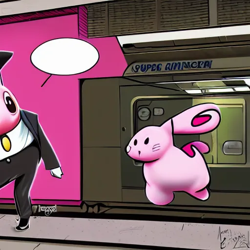 Image similar to jigglypuff runnning to catch the nyc subway, frantic, wearing a suit, style of norman rockwell, photograph, super sharp, style of richard corben, ultra detailed, 8 k, rule of thirds, cinematic lighting.