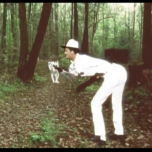Prompt: trail cam footage of michael jackson and peewee herman,