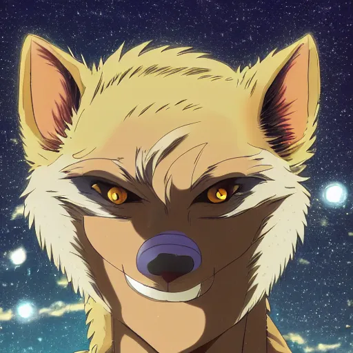 Image similar to key anime visual still portrait of beastars anthropomorphic anthro male spotted hyena furry fursona, handsome eyes, school uniform, in a city park at night, official studio anime still