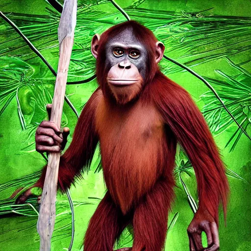 Image similar to “tall Goblin orangutan hybrid with mange holding a spear, jungle background”