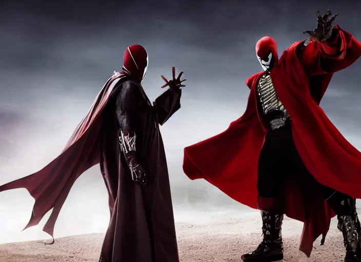 Image similar to film still of jamie foxx as spawn in the new spawn movie, giant chains, large cape, 8 k