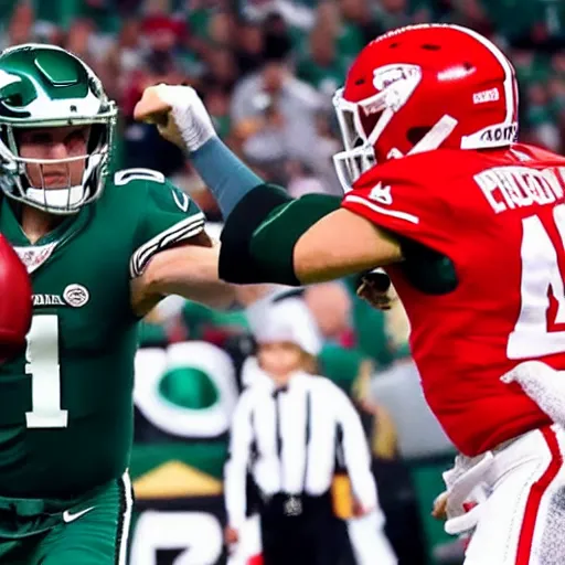 Prompt: jalen hurts punching carson wentz in the face in real life, 8 k, 4 k uhd, realistic, hyper realistic, super detailed, very detailed, detailed