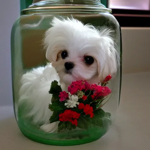 Image similar to maltese dog inside a jar