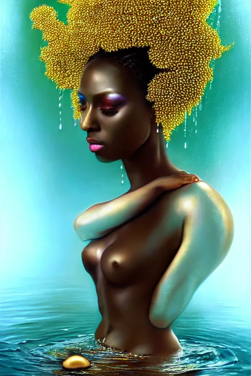 Image similar to hyperrealistic neo - surreal cinematic very beautiful! black oshun goddess with white! iris, in water, yoruba body paint, mirror dripping droplet!, gold flowers, highly detailed face, digital art masterpiece, smooth robert steven connett eric zener dramatic teal light, ground angle uhd 8 k, sharp focus