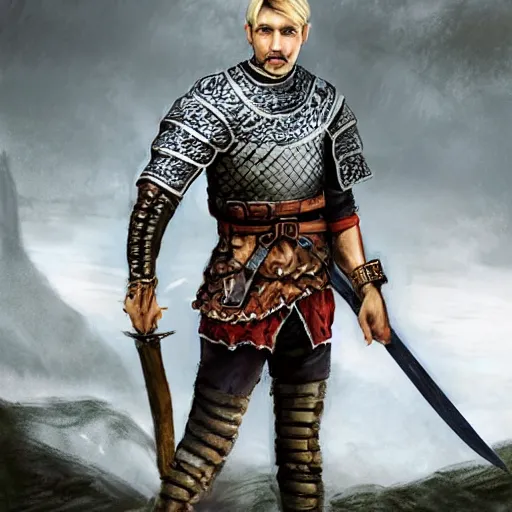 Image similar to full body portrait of a human fighter folk hero with a talking great sword, fantasy, medieval, intricate details, heroic pose, cinematic, hyper realistic, the most normal human ever, tall