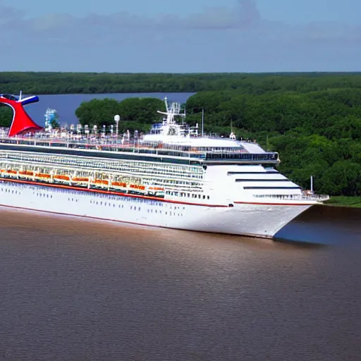 Prompt: Carnival cruise ship on the Mississippi river