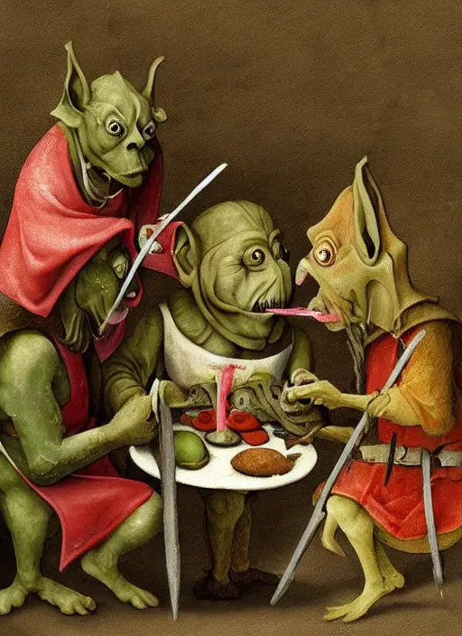 Image similar to medieval goblin eating cakes painted by hieronymus bosch, detailed digital art, trending on Artstation