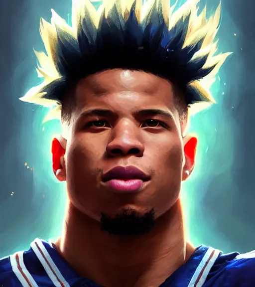 Image similar to highly detailed portrait of super saiyan saquon barkley ny giants football, unreal engine, fantasy art by greg rutkowski, loish, rhads, ferdinand knab, makoto shinkai and lois van baarle, ilya kuvshinov, rossdraws, tom bagshaw, global illumination, radiant light, detailed and intricate environment