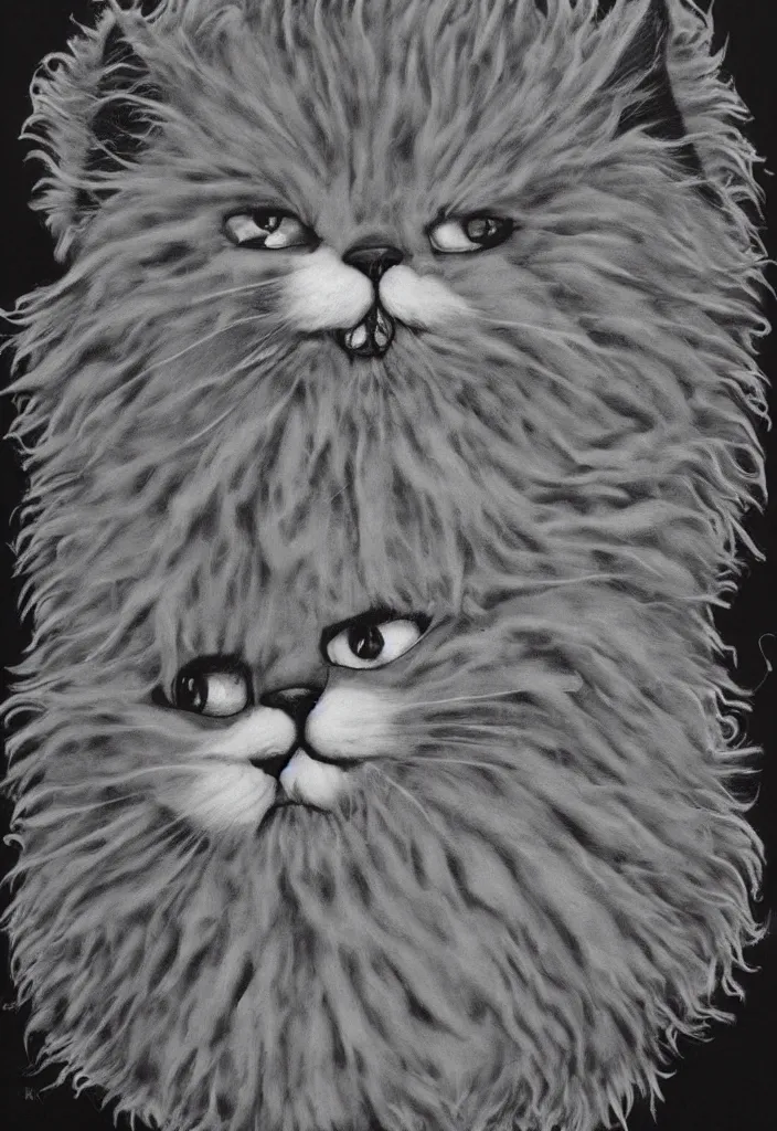 Image similar to fluffy cat with an afro comb t - shirt design, by jules julien, kaws, dark grisaille monochrome neon spraypaint, ironic surrealism, hypebeast