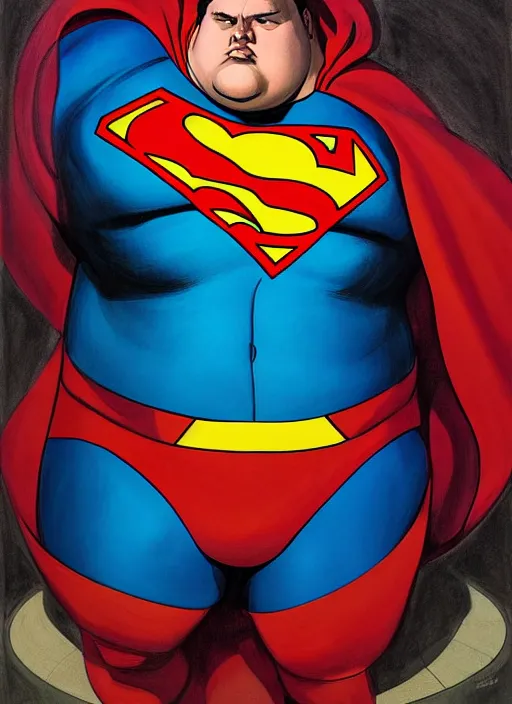 Image similar to Highly detailed painting of a mordidly obese superman with his belly hanging out, style of Joshua Middleton comic book art Nick Dragotta comic art, symmetrical face, symmetrical eyes, depressed sad expression, painterly style