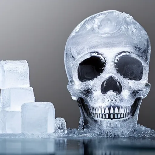 Image similar to a robotic skull encased in frozen ice cube