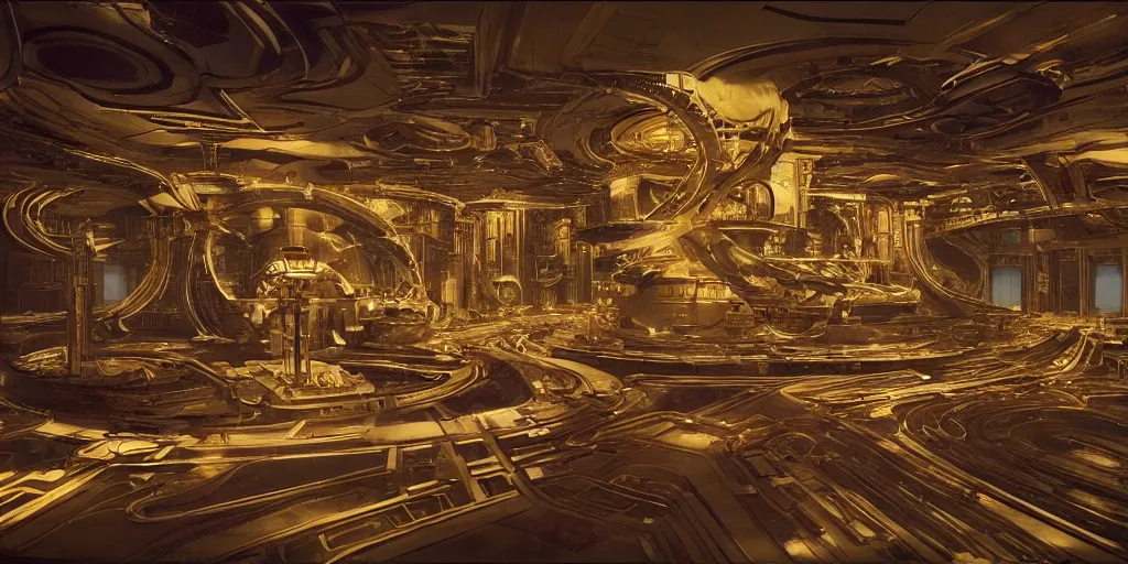 Prompt: Architectural model of a golden era science fiction set painted by James Jean, cinematography by Darren Aronofsky, composition by Fritz Lang