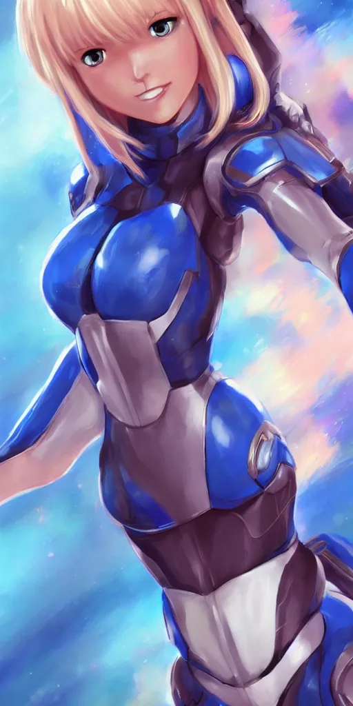 Prompt: Zero Suit Queens Gambit Samus, beautiful soft human features, blonde hair cut in a bob, striking blue eyes, anime cartoon style, Blue armor, artstation, rossdraws