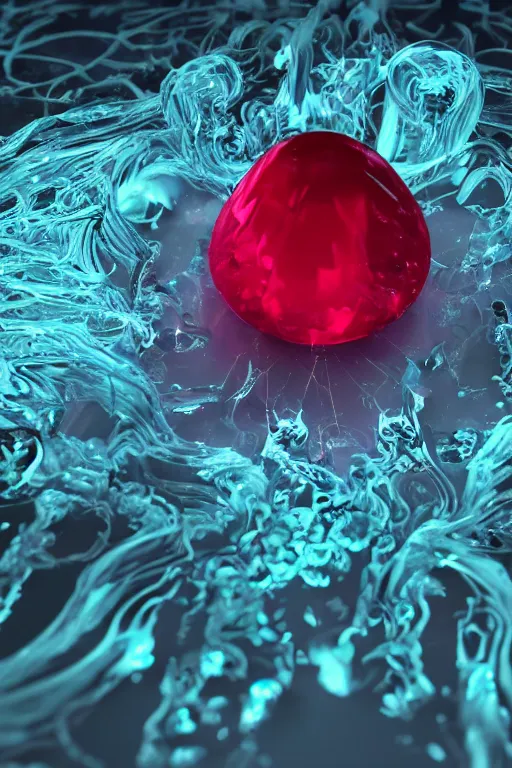 Prompt: A single elemental fire crystal glowing with power, Sitting alone, Surrounded by darkness, concept art, illustration, burning hot and covered in flowing fluid art. Magic Stone. Ruby Stone. Liquid Gold. Crystal structure. Symmetrical. Spirals. Melting. Intricate. Hyper Real. 4K. Octane Render. Refraction. Caustics. Empty Background. Black Background. No Background. Seriously, no background.