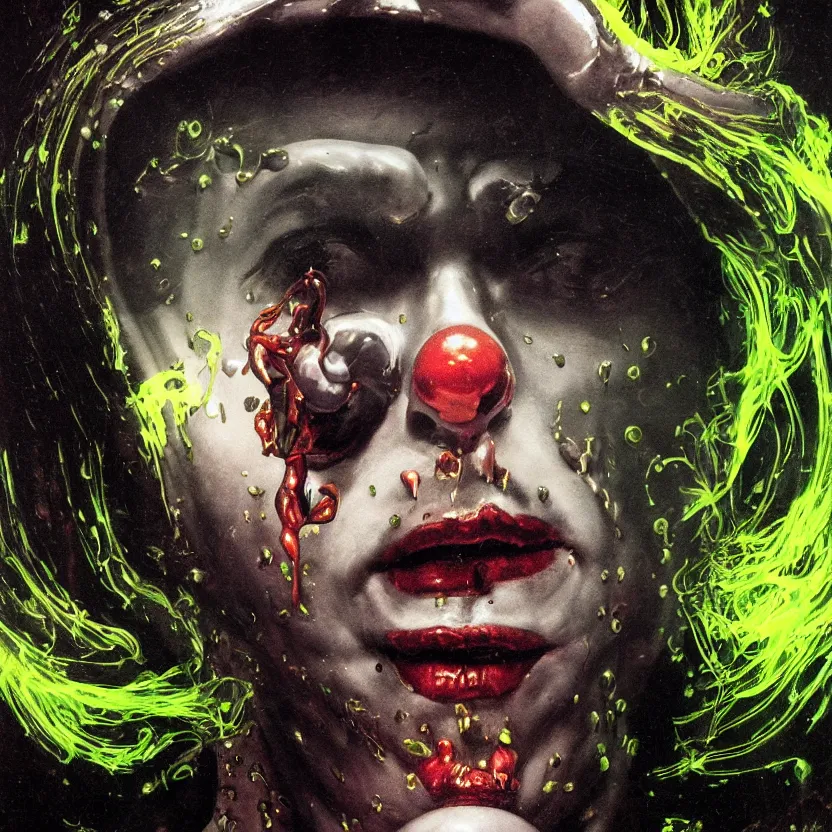 Prompt: baroque neoclassicist close - up portrait of a dark retrofuturistic metallic clown dripping in glowing toxic slime. dark black background, glowing atmosphere. highly detailed science fiction painting by norman rockwell, frank frazetta, and syd mead. rich colors, high contrast, gloomy atmosphere. trending on artstation and behance.