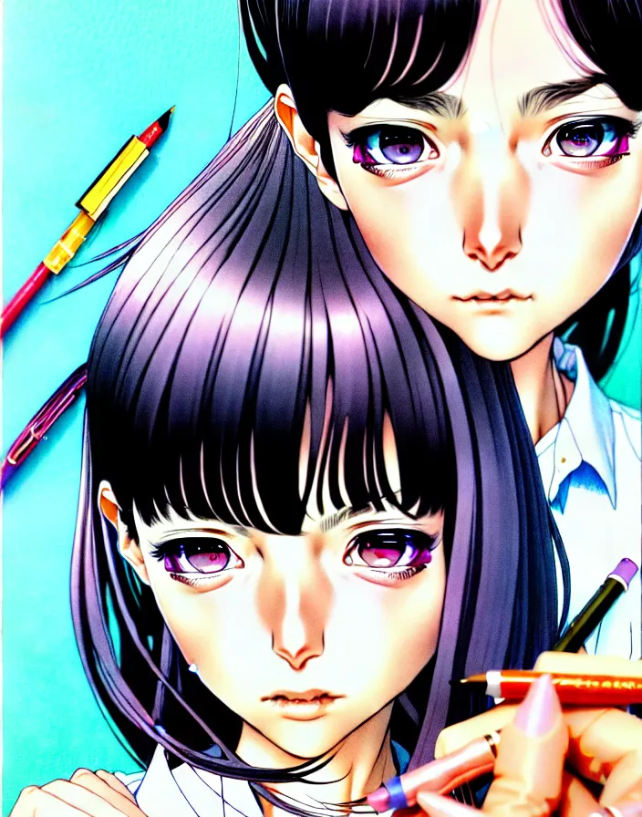 Image similar to extremely detailed color ink pen  illustration depicting an extreme close up face of a dainty young truant female stoner prep highschool school student with medium length silky straight iridescent black hair and lightly suntanned skin, illustrated by Artgerm and Range Murata.